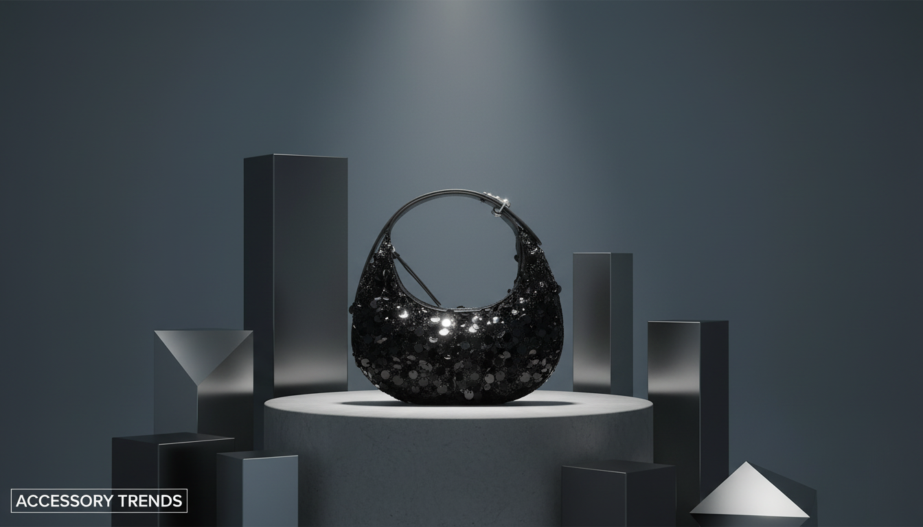 Black Sequin Half-Moon Evening Bag: Split Leather Shine