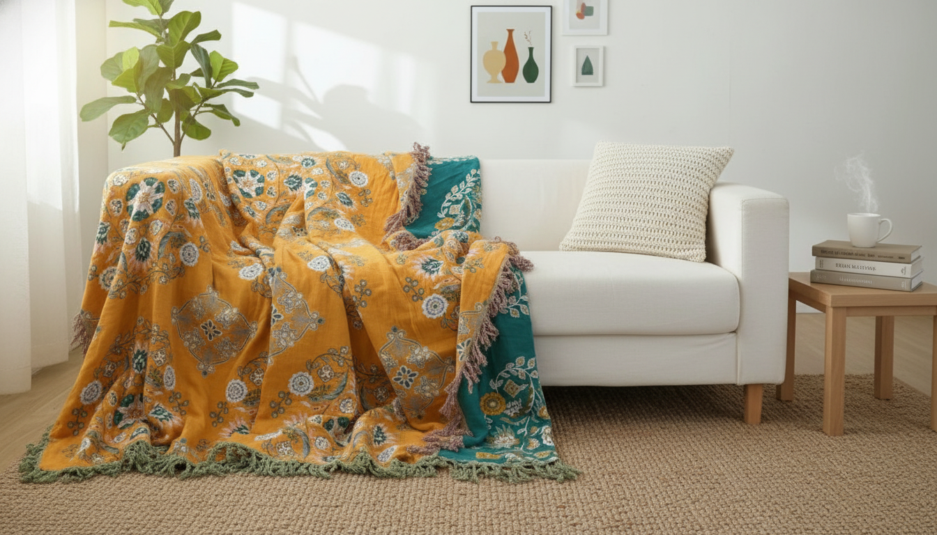 Floral Cotton Gauze Throw with Tassels for Sofas