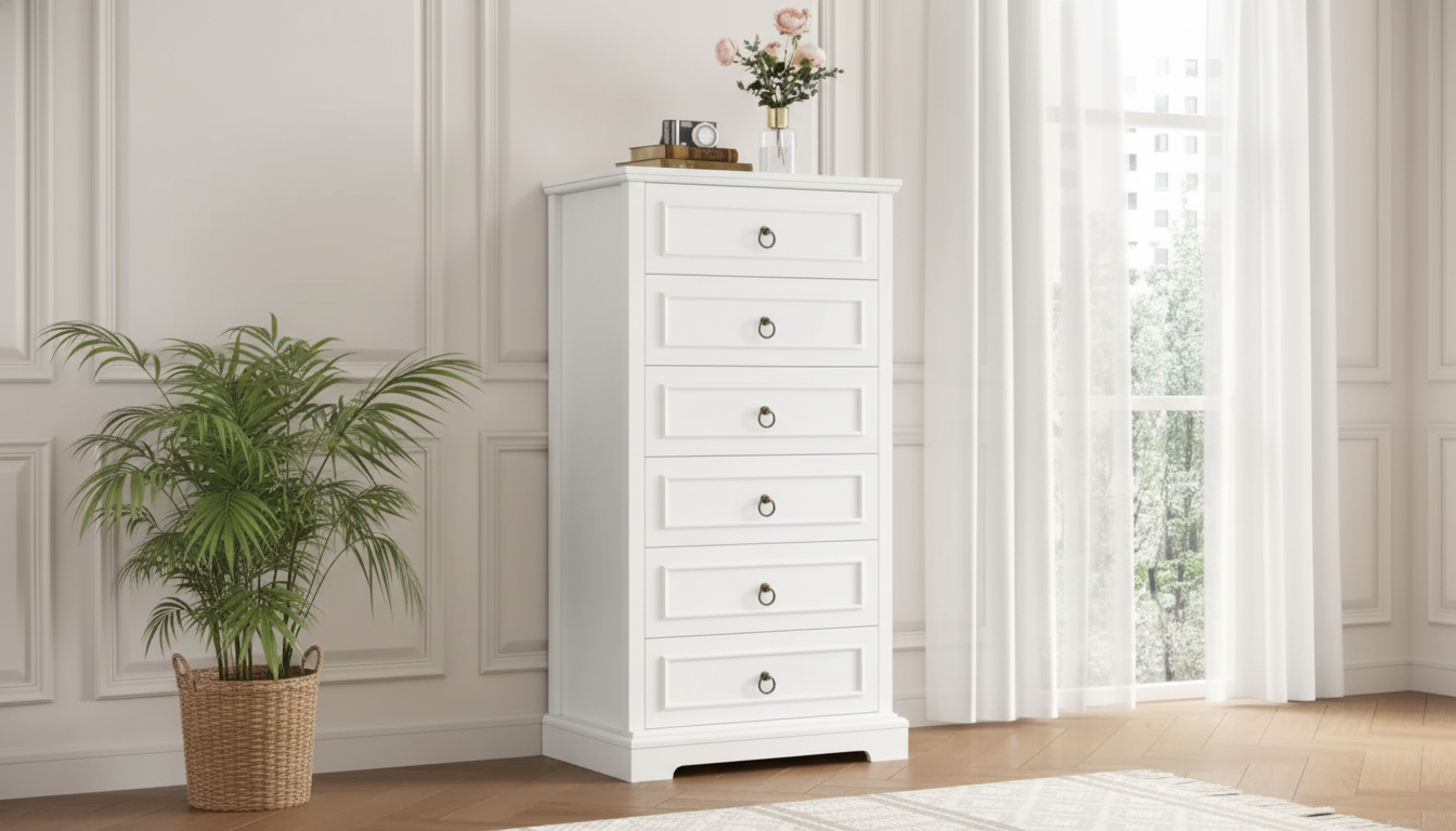 Modern Farmhouse Tall Dresser: 6 Drawers, Small Footprint